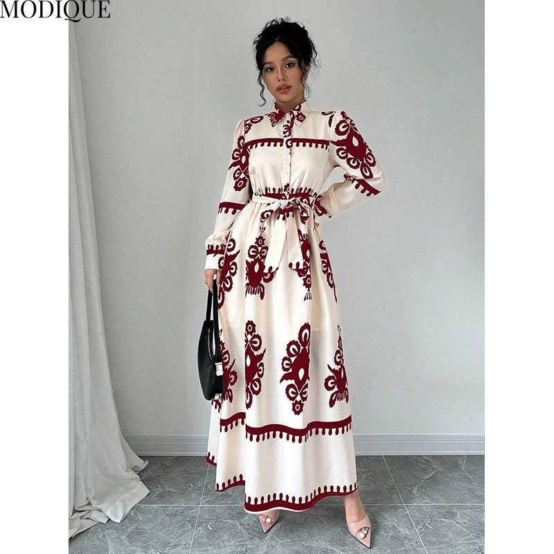 MODIQUE 2025 Spring New Women's Elegant Print Lapel Elastic Waist Belt Long Dress Ladies Casual A-Line Long Sleeve Dress