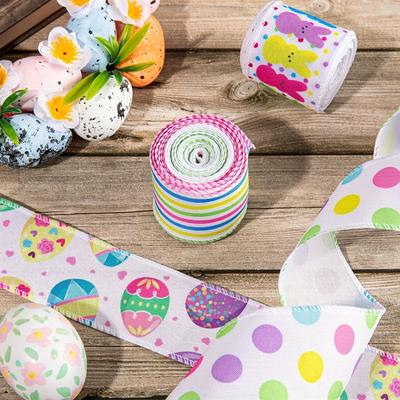 4 Rolls Wreaths and Gift Wrapping, Easter Wired Burlap Ribbon Twill/Beans/Eggs/Bunny for Handmade Crafts, Basket Decor, Bows Making, Easter Day Decor