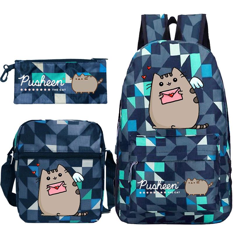 Pusheen fette Katze niedlicher Cartoon bedruckter Schulranzen grenzüberschreitende Studenten tragbare Umhängetasche Federmäppchen dreiteiliges Set