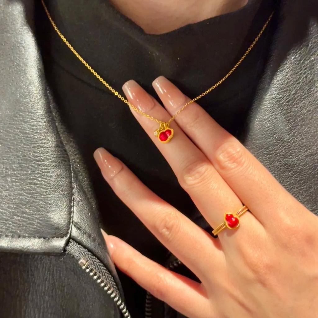 Silk Red Gourd Drip Glaze Necklace Ring Earrings Bracelet Temperament Versatile Lucky Red Jewelry Set