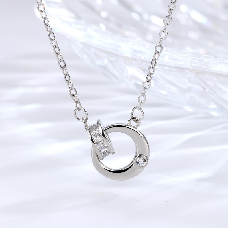 S925 Silver Interlocking Double Ring Necklace Paved Baguette & Round Cubic Zirconia Minimalist Two Circle Linked Pendant Dainty ChainWomenDailyJewelry серебряный