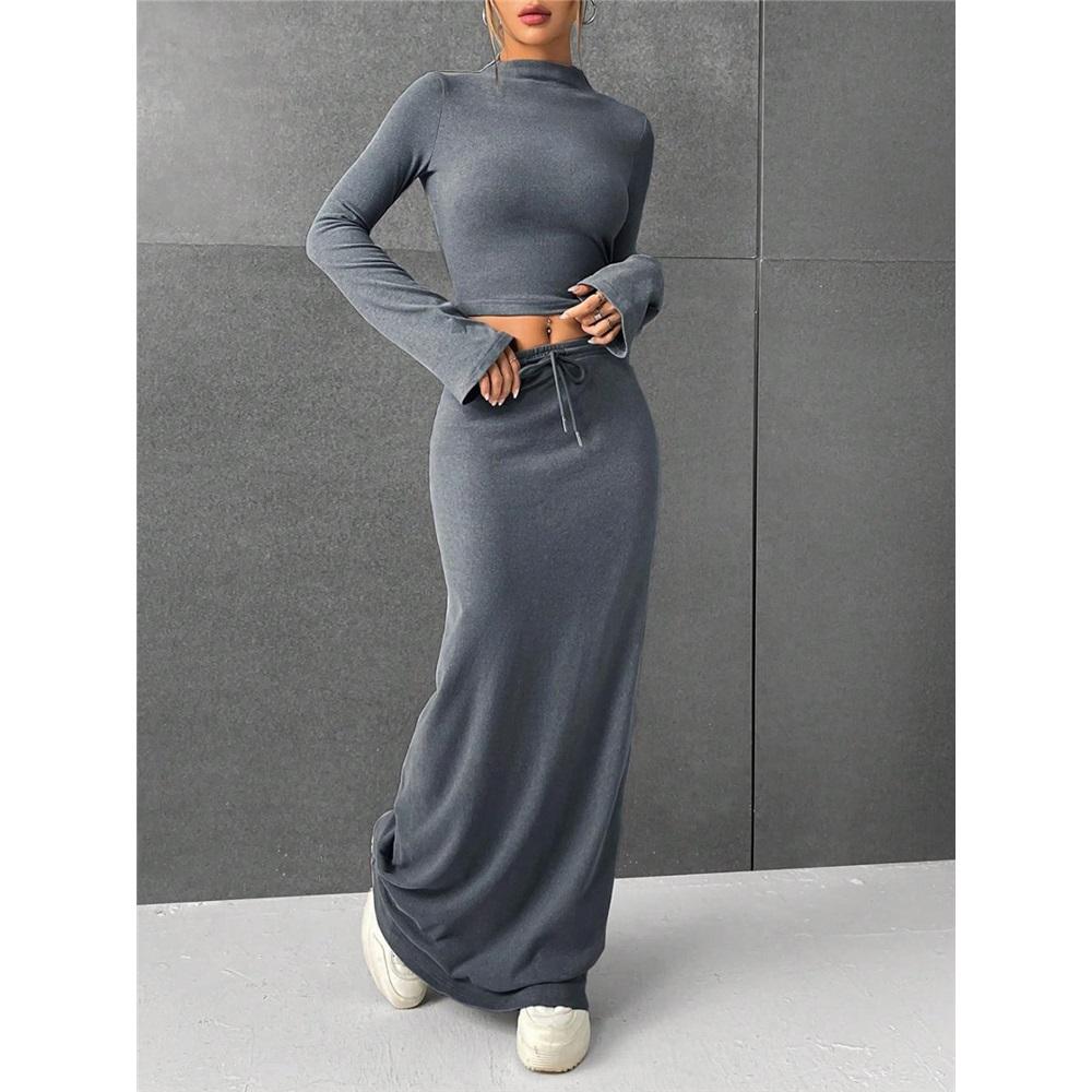 Women's skirt set solid color long sleeve round neck T-shirt long skirt two-piece set