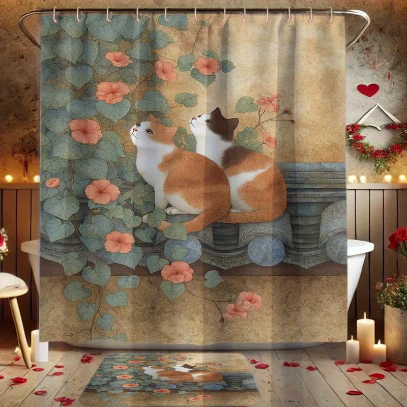 4pcs Floral Cat Spring 2D Flat Print Shower Curtain Set, Bathroom Decor Kit Includes Shower Curtain, Non-Slip Mat, Toilet Lid