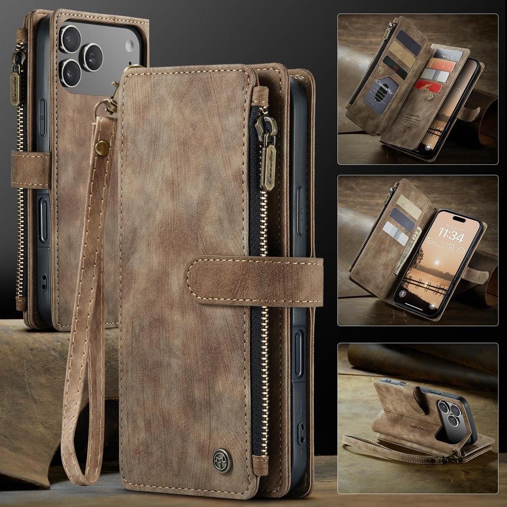 CaseMe-C30 Luksusowe Premium Etui Portfel ze Skóry PU Dla iPhone17 16 15 14 13 Pro Max Wielofunkcyjne Etui z Zamkiem Błyskawicznym na Karty Osłony Ochronne Skórki+Pasek