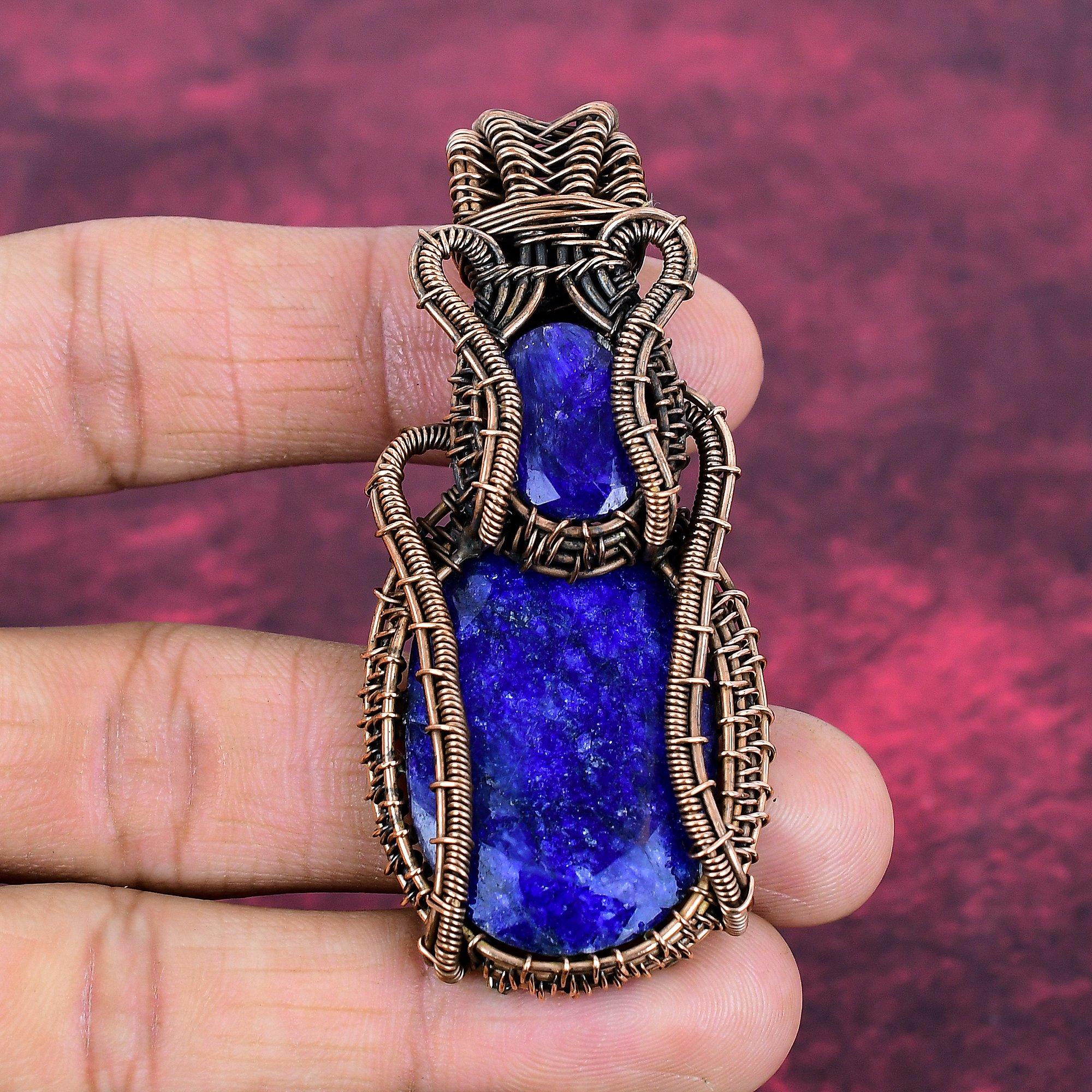 Faceted Blue Sapphire Pendant Copper Wire Wrapped Pendant Real Gemstone Jewelry