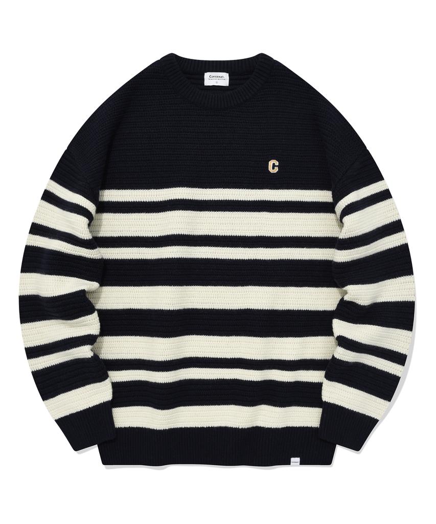 COVERNAT Two-Tone Striped Crew Neck Knit Navy