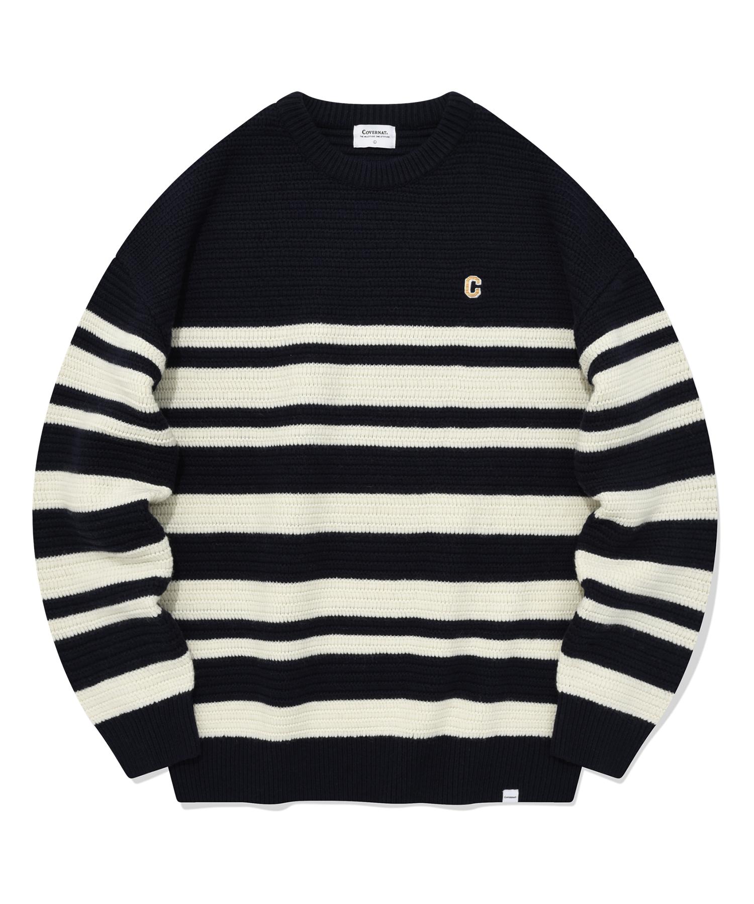 Covernat Two-Tone Striped Crew Neck Knit Navy Navy/M