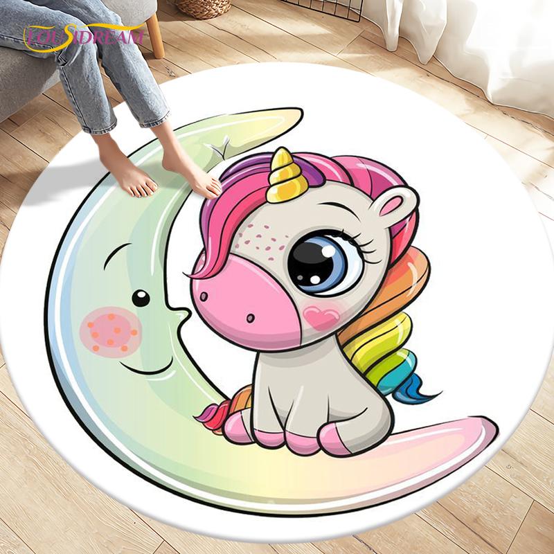 Children's Cartoon Cute Unicorn Animals Area Rug Round Carpets Rugs for Living Room,Kids Play Crawling Soft Non-slip Floor Mats