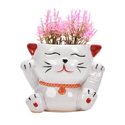 2024 Neuer Kreativer Cartoon Reichtum Katze Keramik Blumentopf Niedlicher Grünpflanzen-Topf Bemalter Sukkulenten-Blumentopf