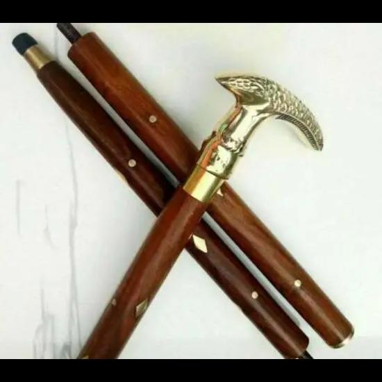 Vintage Walking Stick Solid Snake Head Handle Wooden Walking Cane Stick