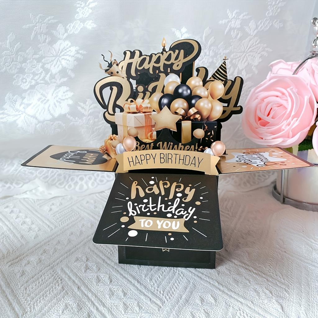 3D Pop Up Black Golden Happy Birthday Greeting Card Gift Greeting Cards For Birthday with Envelope Blessing Postcard Party Gifts