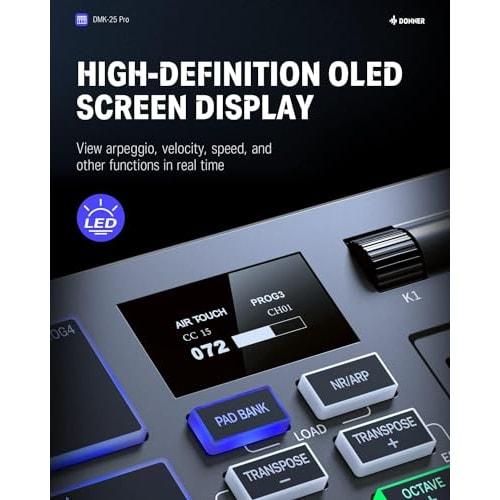 Donner DMK-25 PRO USB MIDI Keyboard Controller, 25 Keys, Velocity Sensitive, Touch Sliders, OLED Screen, Backlit Pads, Music Production, Mac/PC Compat