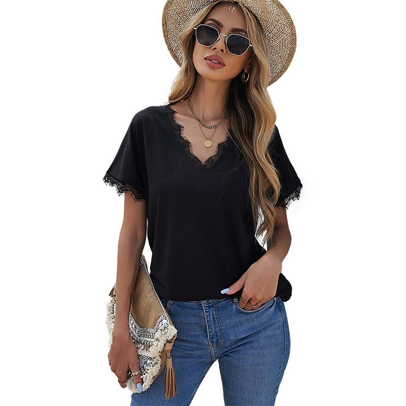 Women s V Neck Short Sleeve Bamboo Jersey Tee Loose Fit Elegant Urban Lace Patchwork Daily Casual Top S