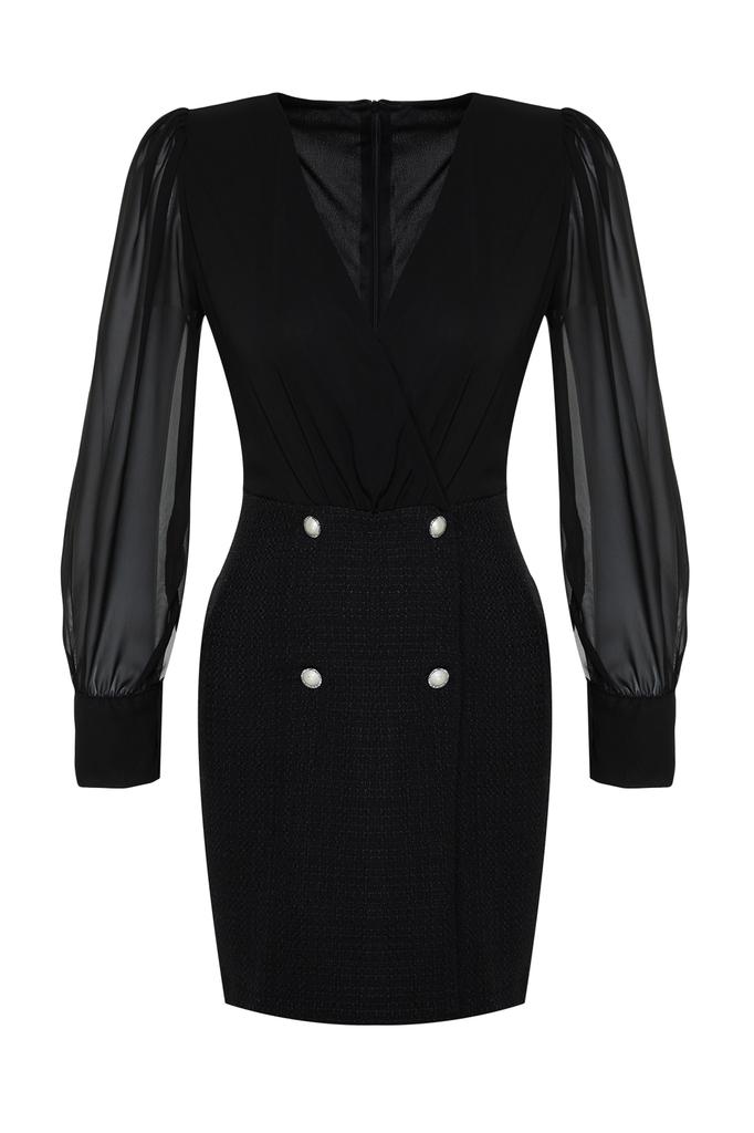 Women's Fashion Casual Standard Sleeve Mini Navy Blue Collar Detailed Lined Chiffon Woven Dress