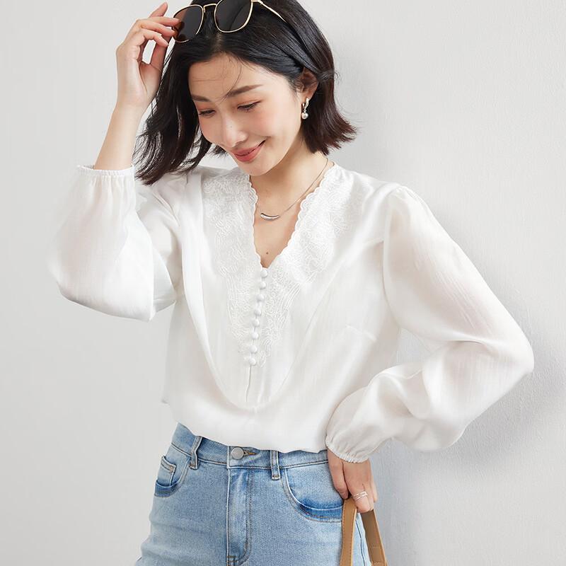 Mist Path French Elegant Lace Tencel V-neck Blouse M