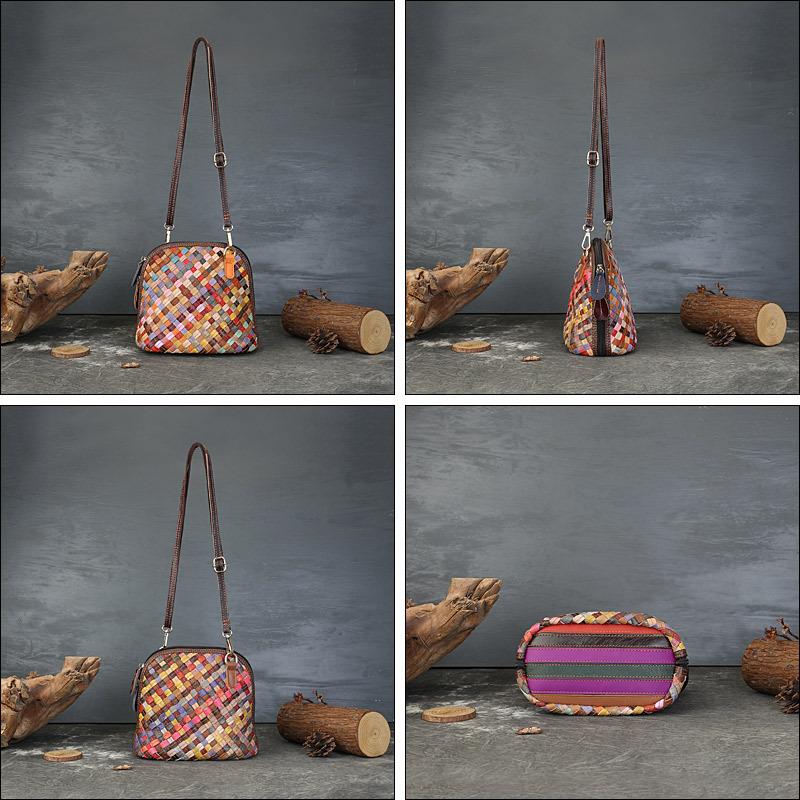 Hand-woven Bag, Women's Genuine Leather Color-woven Single-shoulder Crossbody Bag, Fashionable and Versatile Shell Bag