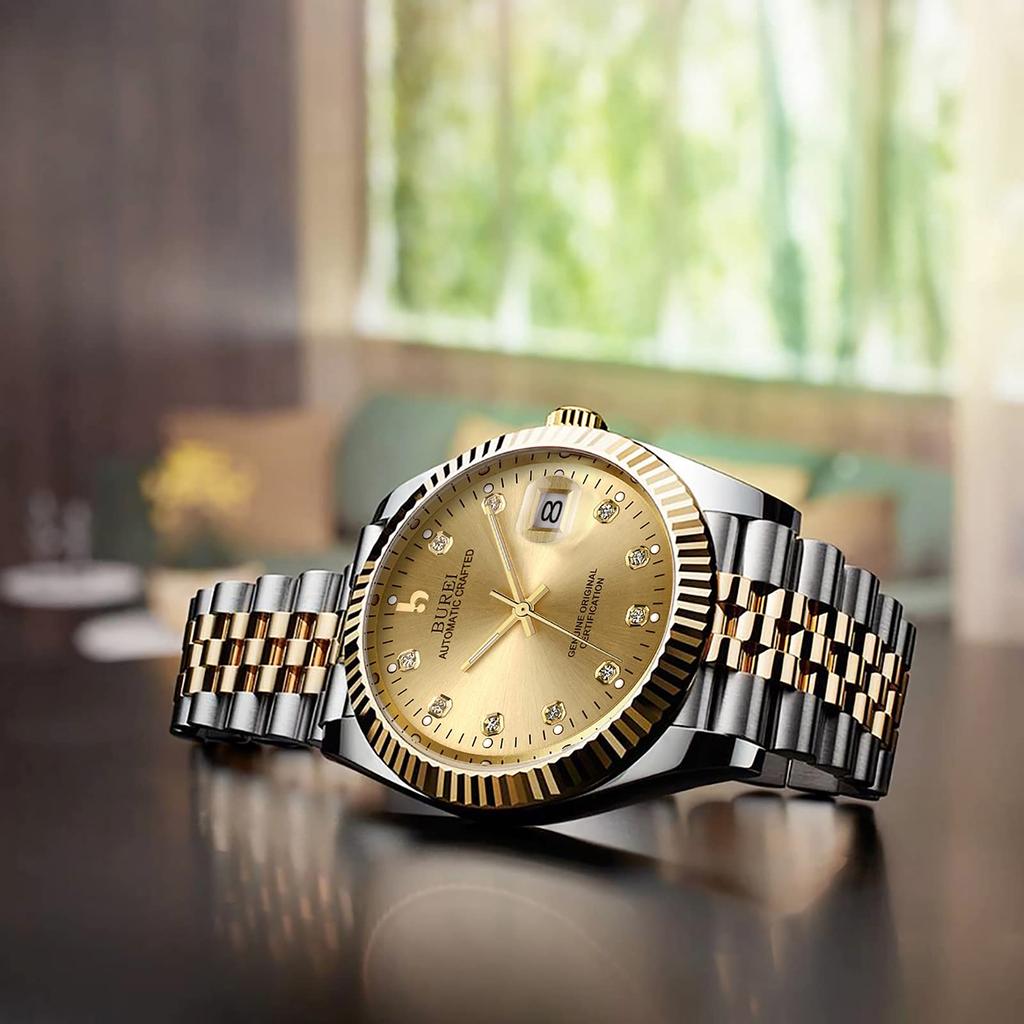 [BUREI] Men's Automatic Watch, Waterproof, Analog, Date, Mechanical Watch, Popular Men's Brand, Stylish, Arm Watch, Simple, Casual, Gold Watch