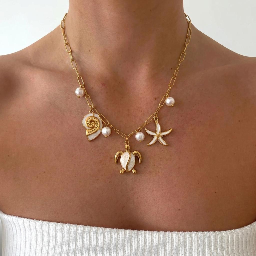 Boho Stainless Steel Ocean Turtle Starfish Necklace for Women Imitation Pearl Pendant Chain Summer Vacation Party Jewelry Gift