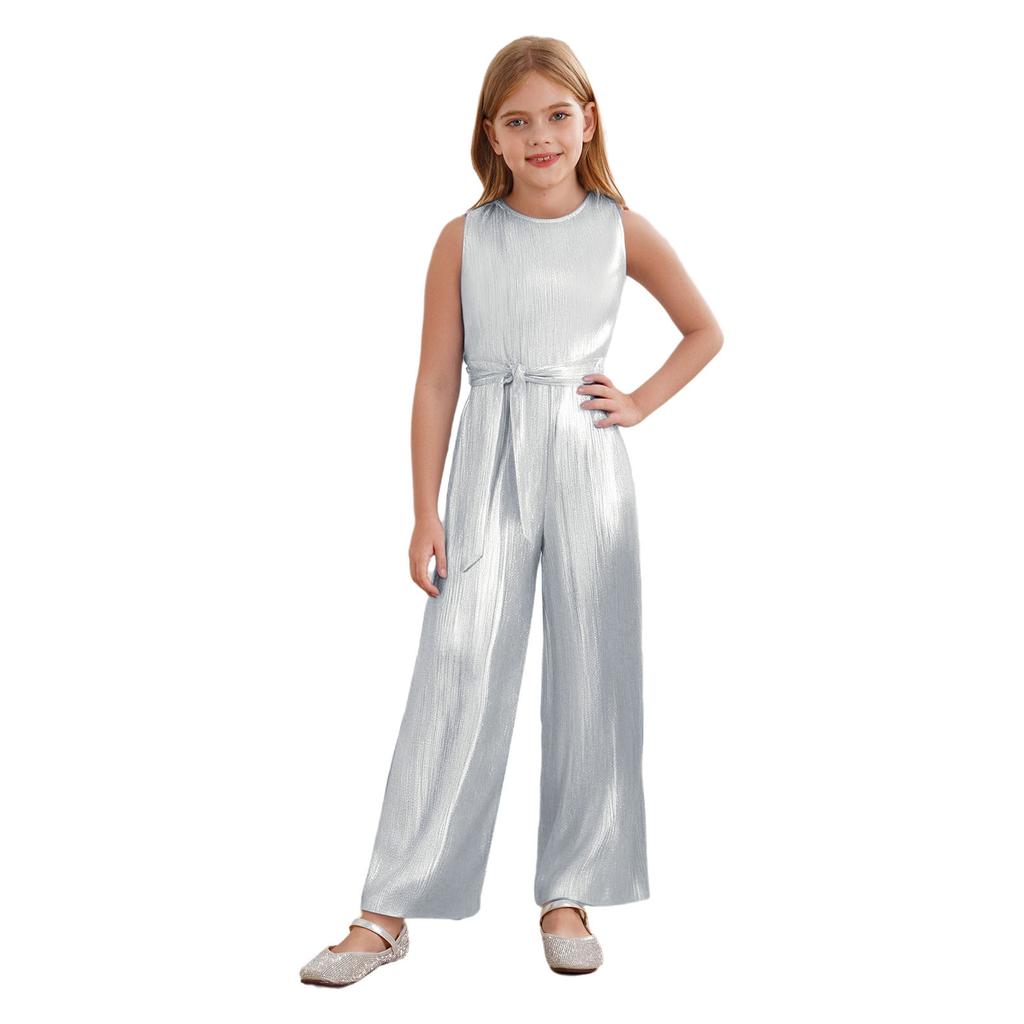 Mono de Concurso de Cumpleaños para Niñas Sin Mangas Cuello Redondo Metálico Acanalado Mameluco Pierna Ancha Body Detalle de Cinturón