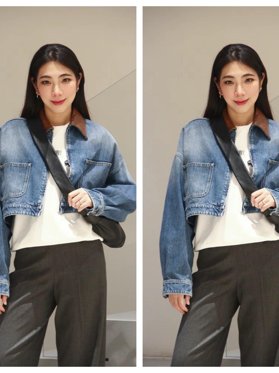 European Style Triangle Logo Denim Jacket - Casual, Loose Fit, Short Women s Lapel, Long Sleeve, 2026 New Medium