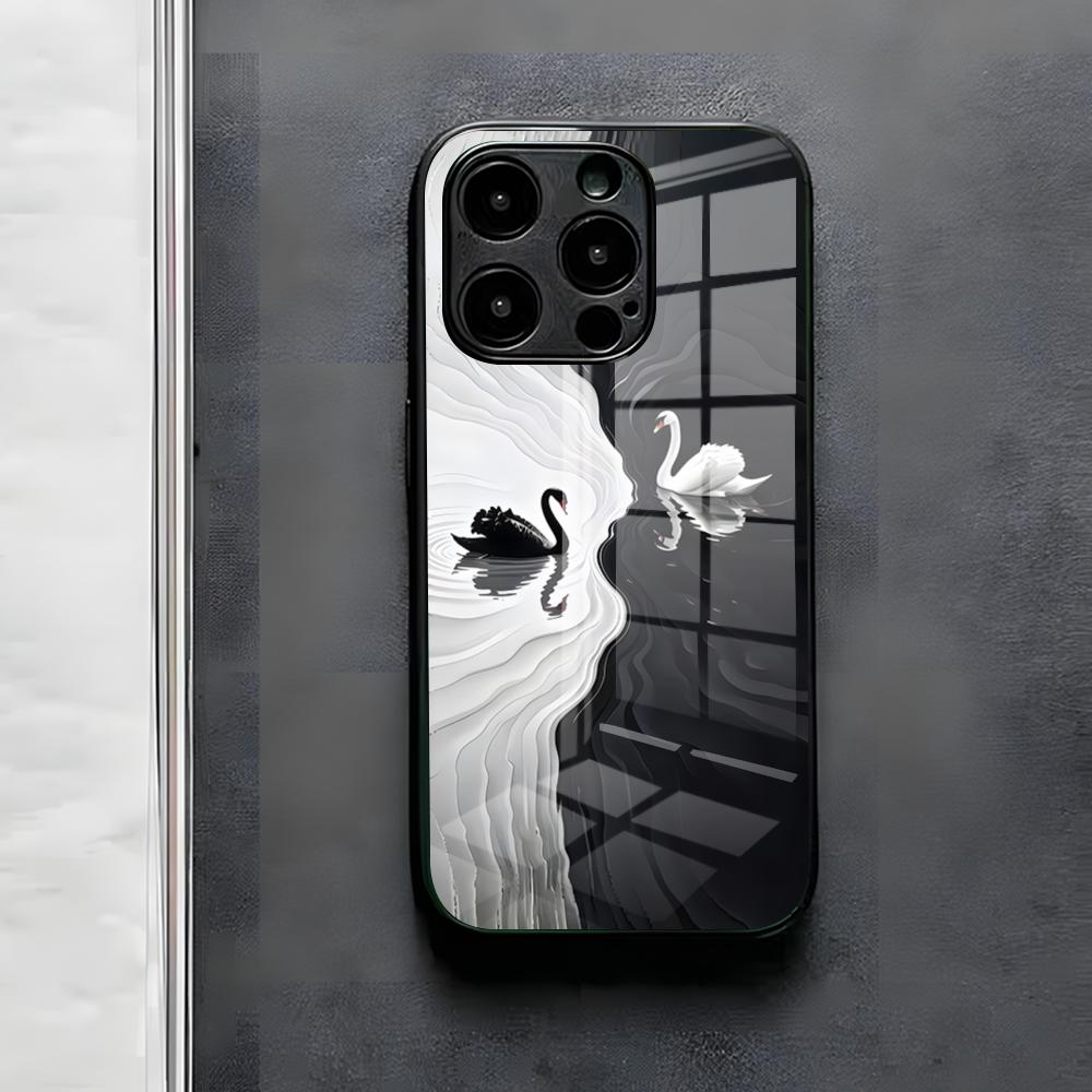 White Swan Illustration Phone Case For IPhone 17 Air 16 E Pro Max 15 14 13 Mini 12 Pro 11 Max Plus Black Glass Cover