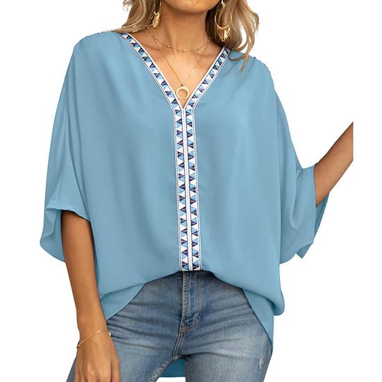 

Европейская и американская летняя мода женская шифоновая повседневная рубашка с рукавами «летучая мышь» и V-образным вырезом с короткими рукавами, женская рубашка-топ S синий