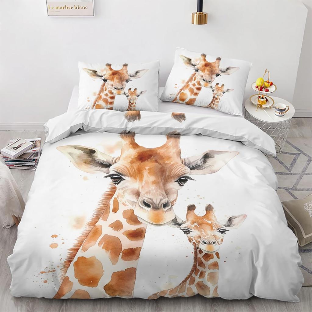 Funny Giraffe Duvet Cover King 3 Piece Colorful Animals Bedding Set, Soft Microfiber Graffiti Quilt Cover Set with Pillowcases
