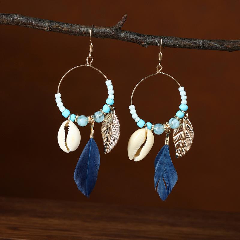 Hot selling ethnic style retro feather earrings, long multi colored vacation feather earrings, bead string design, circular earrings