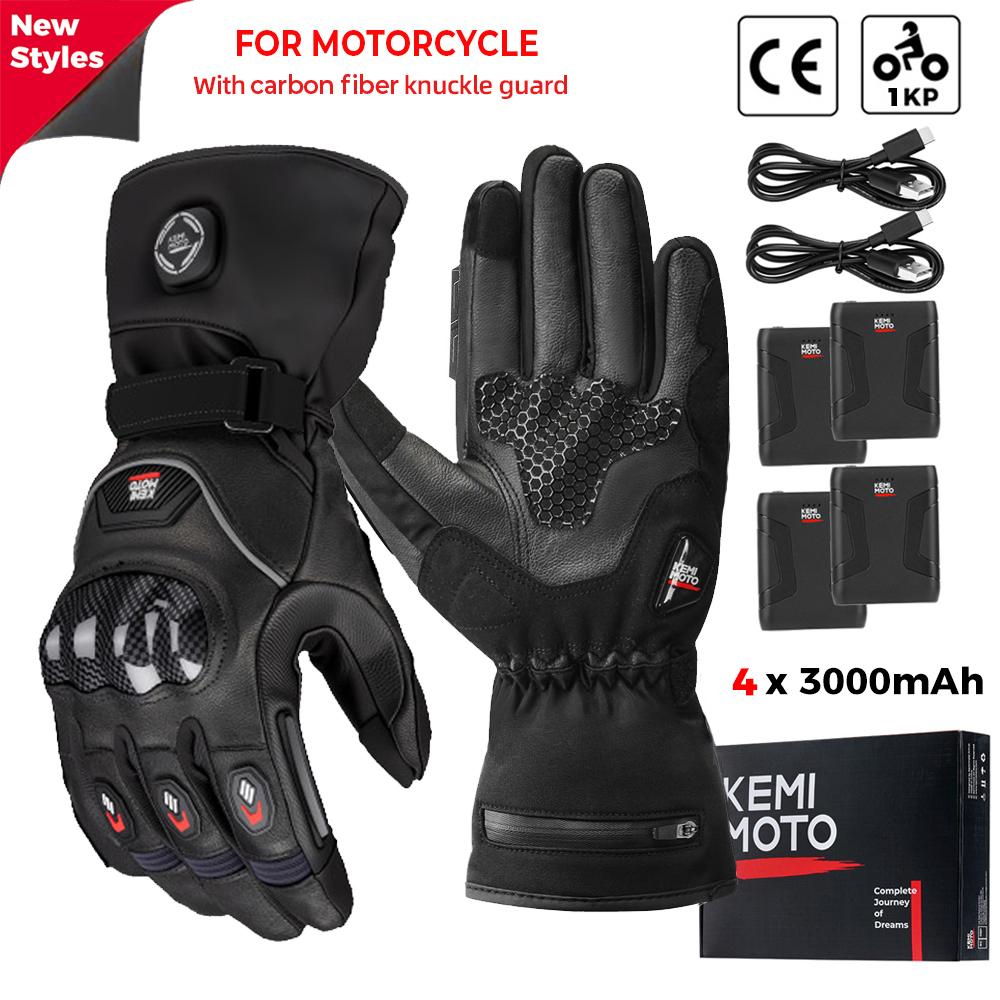 KEMIMOTO Leather Heated Motorcycle Gloves Winter Waterproof Touch Screen Moto Ski Camping Heated Gloves Battery Motorbike