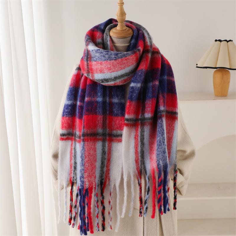 Winter  Rainbow Mohair Plaid Warm Thickened Scarf Commuting Versatile Tassel Imitation Cashmere Women'S Scarf