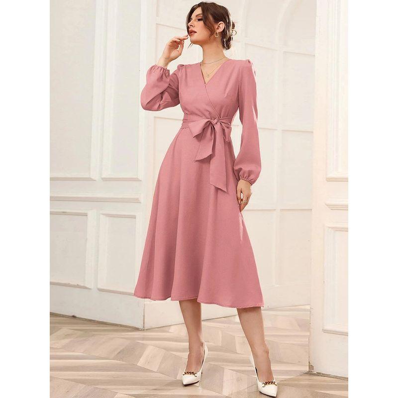 2022 Puff Sleeve Belt V-Neck Large Skirt Women's Dress