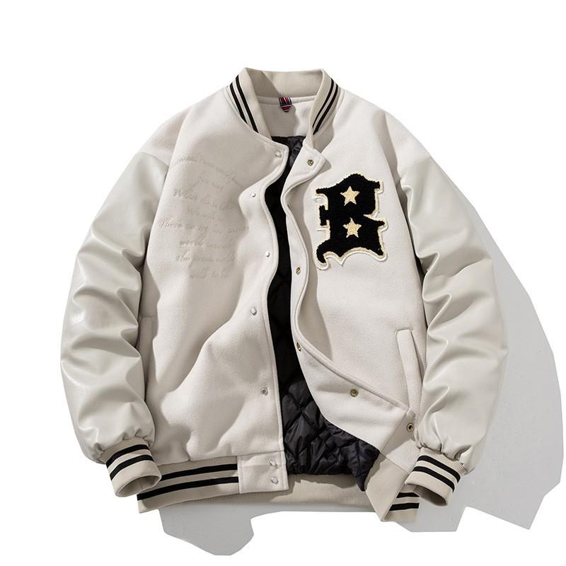 Mens Vintage Winter Thickened Baseball Jacket With Embroidery Wool PU Leather Patchwork Loose Fit
