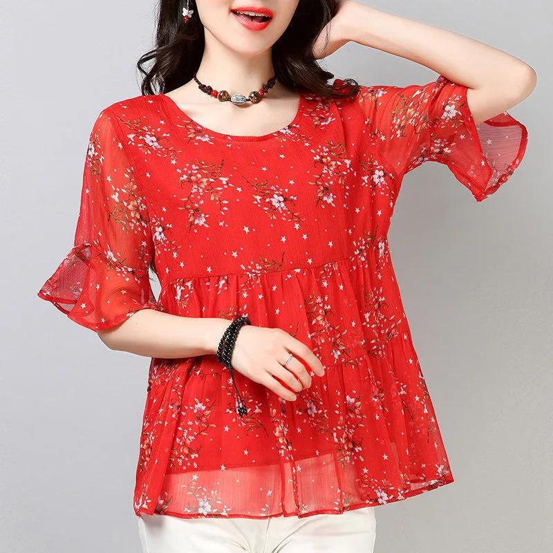 Damen Sommer lässig Übergröße Geblümte Bluse Kurzärmelig Temperament Rundhals T-Shirt