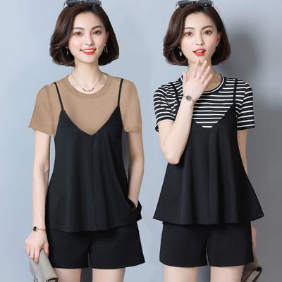 Summer Trend Striped T Short-sleeved Plus Size Women's Fat Mm Belly-covering Fashion Loose Shorts Two-piece Set