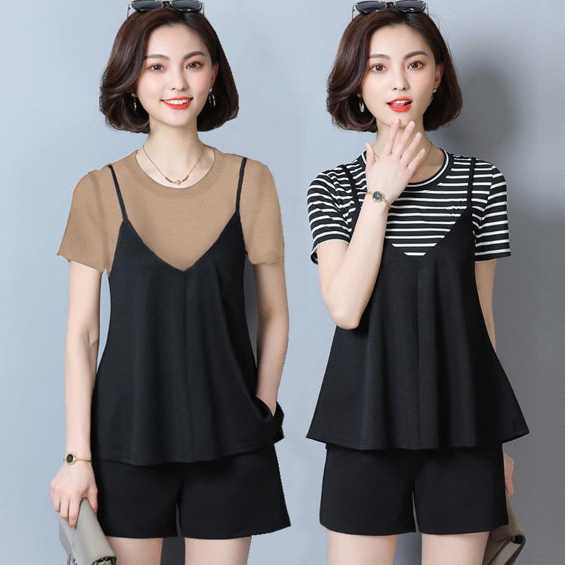 Summer Trend Striped T Short-sleeved Plus Size Women's Fat Mm Belly-covering Fashion Loose Shorts Two-piece Set