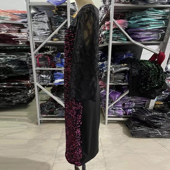 O-Neck 45720 Sleeve Waist Tight Hip Wrap Bodycon Dress Sequins See-Through Mesh