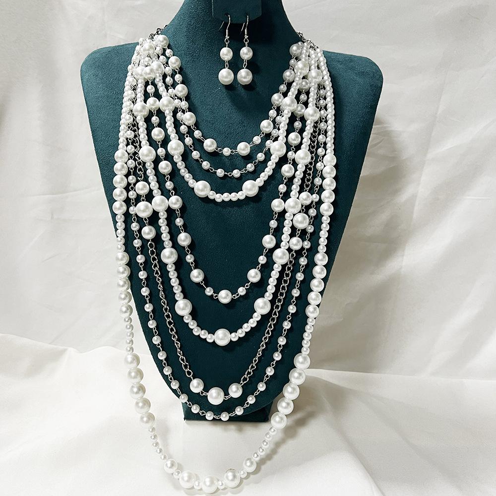 

European and American color retention exaggerated multi-layer high-end pearl necklace versatile sweater chain high-end long earring set