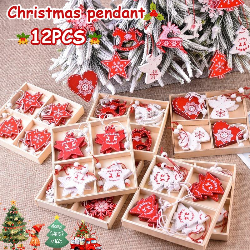12Pcs Creative Christmas decorations DIY Christmas wooden pendants Christmas tree box set reindeer bell angel heart pendants