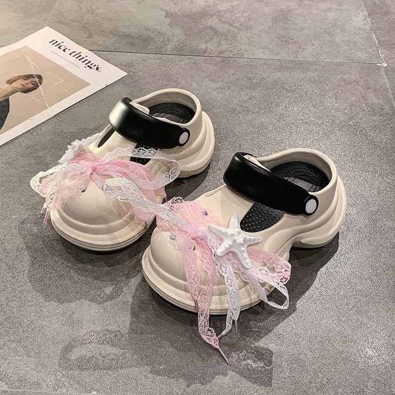 Platform slippers beach non-slip hole shoes women's 2025 new cute bow cartoon muffin bag head shoes women's