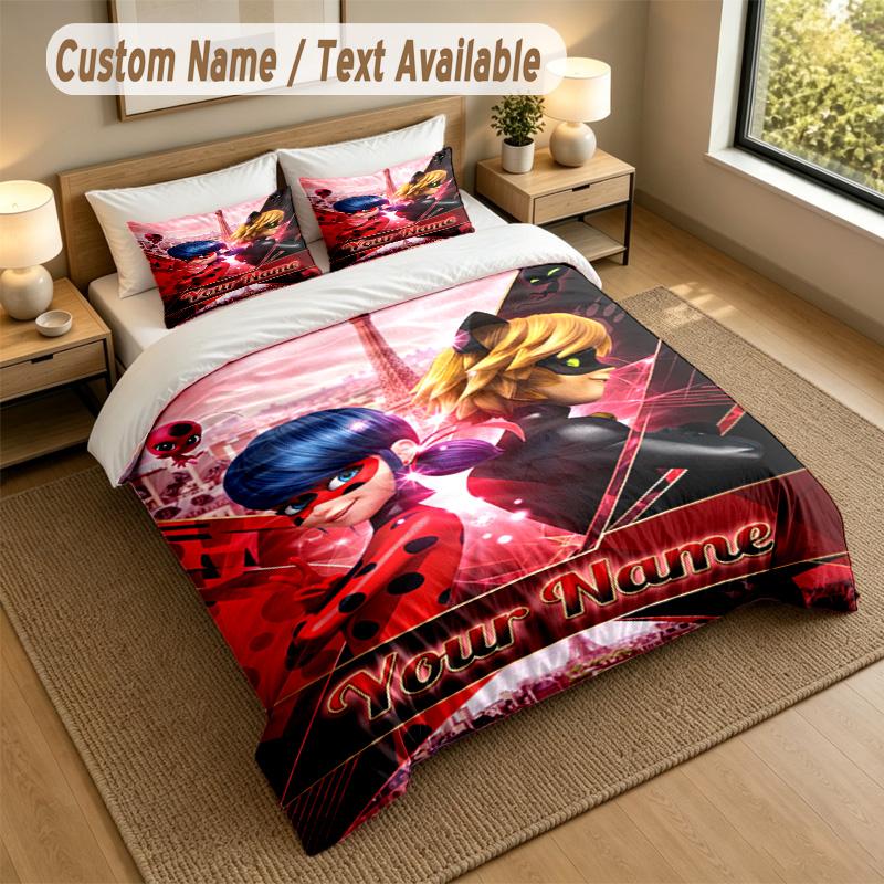 Custom Name Text Bedding 3Pcs Set,Miraculous Ladybug 1 Duvet Cover 2 Pillowcases Soft Bed Linen For Gift