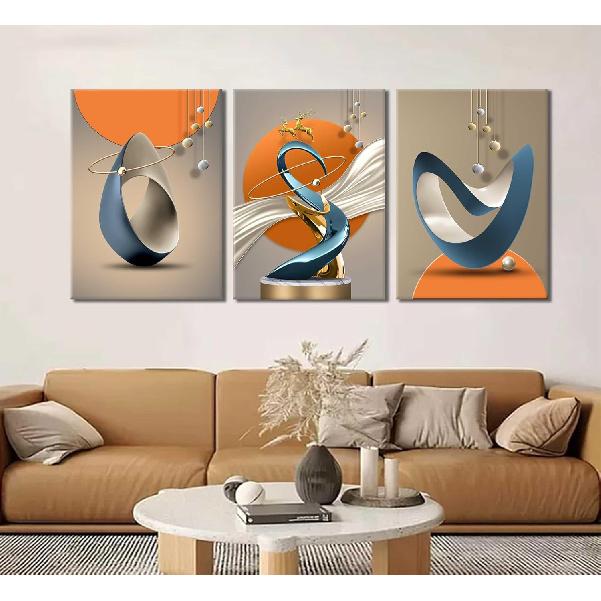 3 Pcs Bright Style Canvas Wall Art Modern Abstract Golden Deer Luxury Foil Lines Posters Prints White Blue Orange Color Grey Painting Pictures for