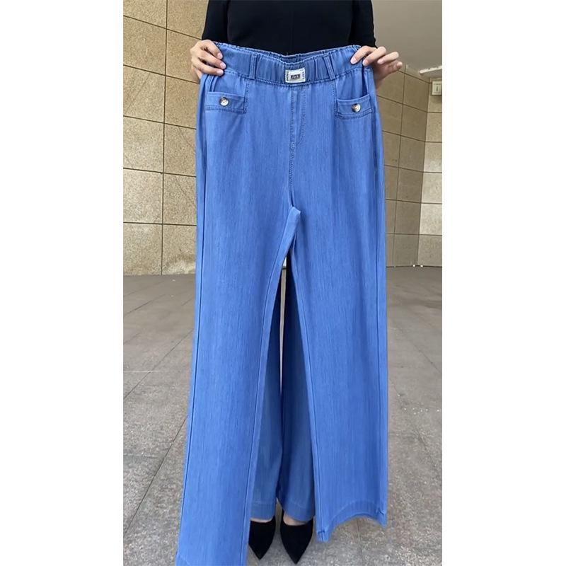 

Spring/Summer Women s Ice Silk High-Waist Stretch Denim Pants - Plus Size, Straight Leg, Elastic Waist, Super Soft, Casual Slimming Fit. XL синій