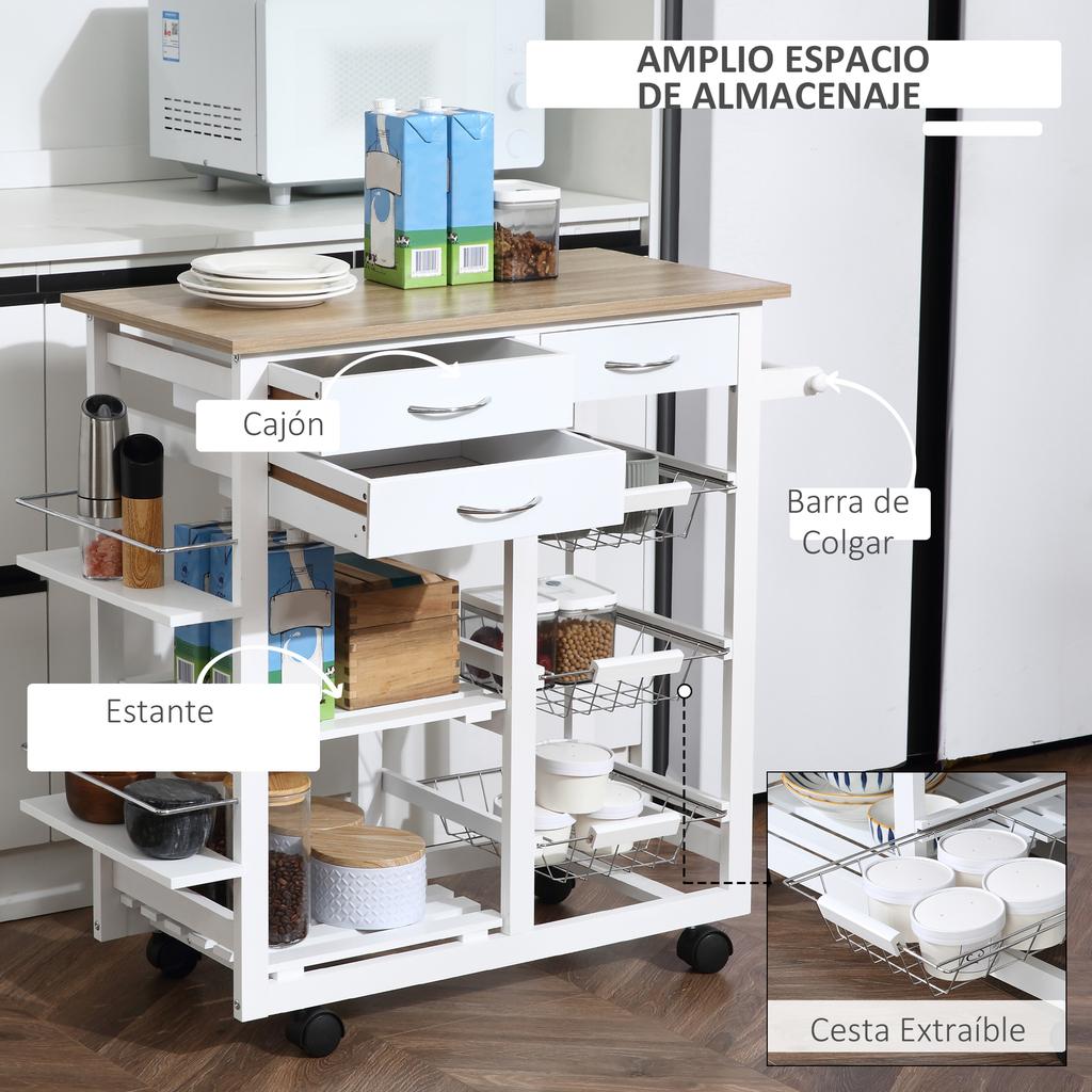 Kitchen Trolley, Serving Cart, Drawers, Baskets, Towel Rack, Wheels, 92 x 37 x 82 cm, White