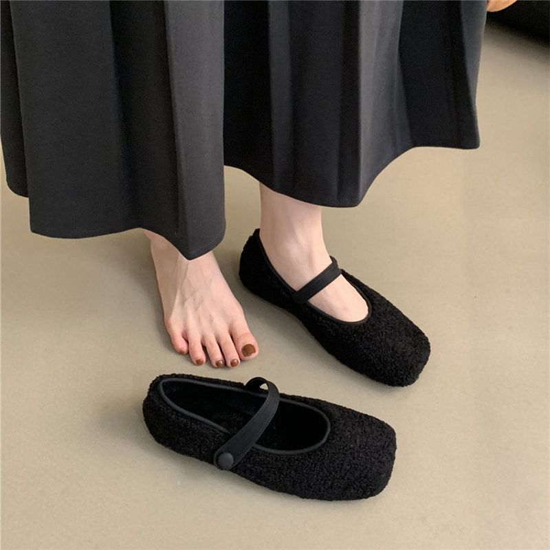 Square Toe Cosy Lambswool Ballet Flats Woman Warm Teddy Fur Mary Jane Shoes Ladies Brand Design Elegant Fluffy Plush Loafers