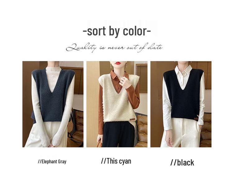 Pure Wool V-Neck Knit Vest - Versatile, Solid Color, Loose Fit, Sleeveless Pullover Cardigan