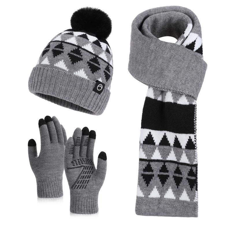 Зимняя уличная бархатная холодостойкая и теплая шапка-шарф трехкомпонентный вязаный шерстяной набор женский