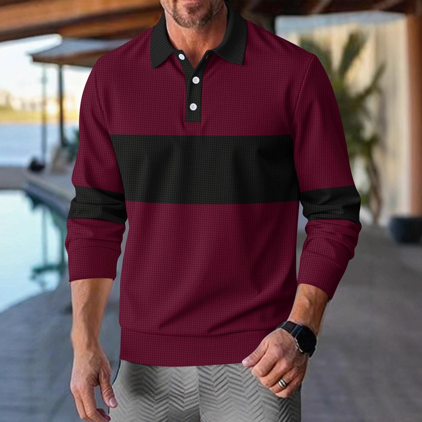 

Men s Autumn 2025 Waffle Lapel Button Color-blocking Casual Polo Shirt Long Sleeve Base Layer T-shirt Men s Fashion XL червоний