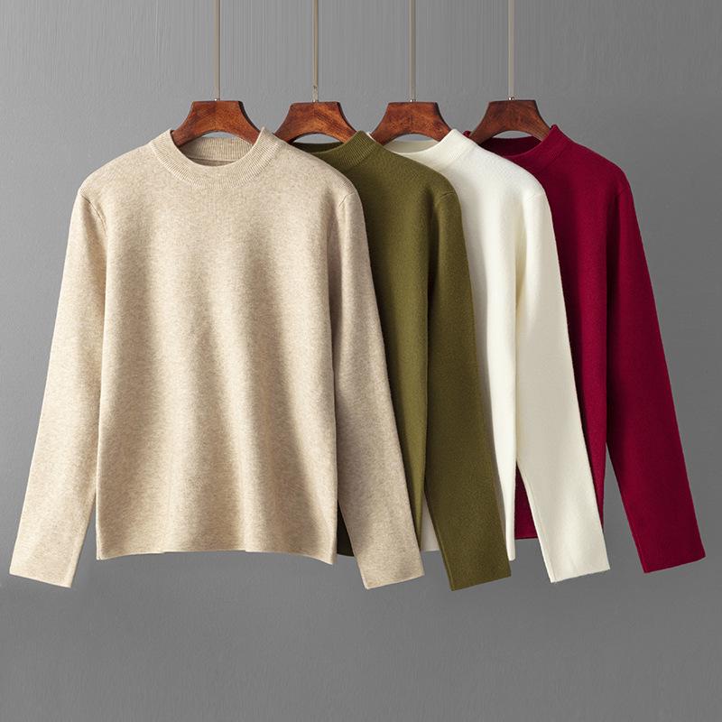 Women's Autumn/Winter Loose Knit Sweater - Half-High Collar, Long Sleeve, Solid Color