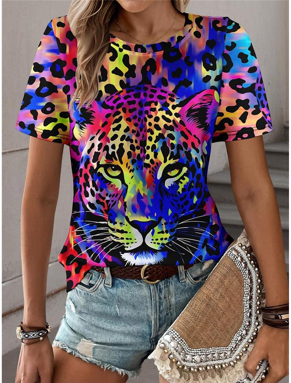 

Summer T-shirt 3d printing color leopard pattern graphic T-shirt casual short-sleeved top fashion o-neck t-shirt M