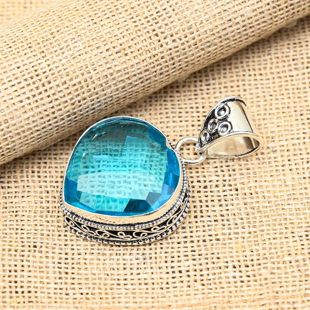 Gioielli con Topazio Blu Pietra Preziosa Naturale Ciondolo Fatto a Mano Argento Sterling Massiccio 925 Per Regalo di Matrimonio
